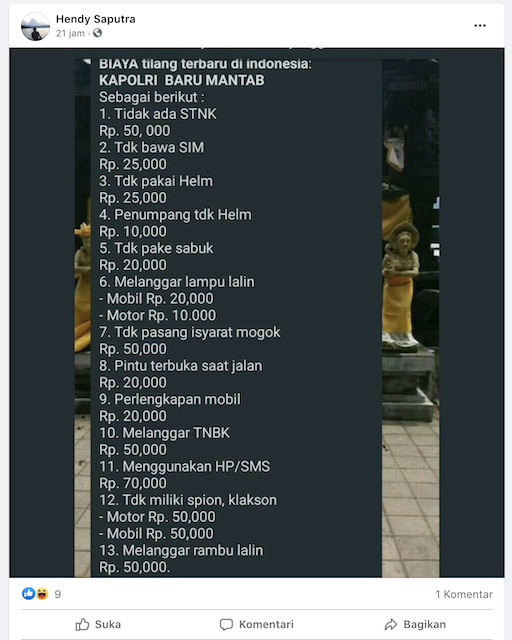 Beredar Daftar Biaya Tilang Terbaru? Ini Faktanya