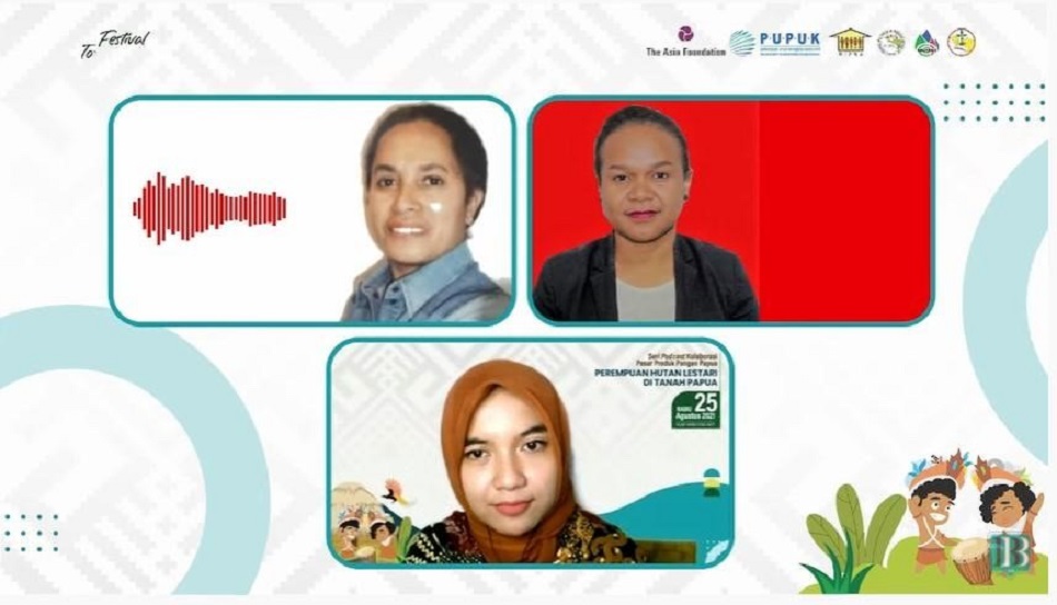 Analis Kebijakan di Setda Provinsi Papua, Martha Mandosir dan Peneliti Universitas Papua Yustina Lina Dina Wambrauw bersama Aulina Umaza sebagai moderator dalam diskusi Seri Podcast 1 yang bertajuk ‘Perempuan Hutan Lestari di tanah Papua’, Rabu (25/8). (Foto: Ist/Serikat News)