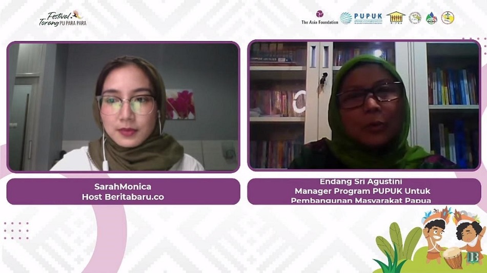 Manager Program PUPUK Jawa Barat untuk Pengembangan Masyarakat Papua, Endang Sri Agustini saat menjadi pemateri dalam rangkaian acara Festival Torang Pu Para Para, Seri Podcast 2: Semangat Mengembangkan Produk Asli Papua!, Kamis (26/8). (Foto: Ist/Serikat News)