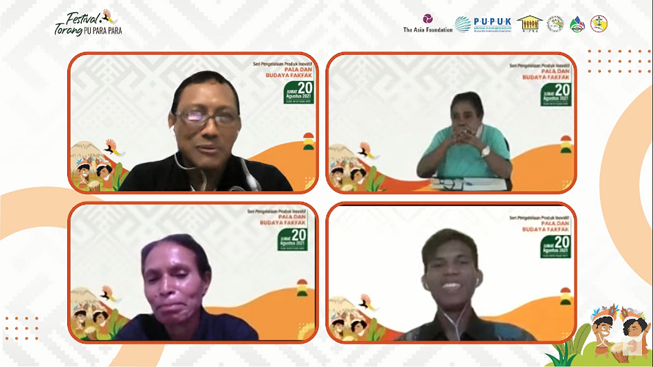 Koperasi Syangga Mama Amina Ahek, Direktur GEMAPALA Nikholas Djemris, Wakil Bupati Fakfak Yohana Dina Hindom dan moderator Al Muiz Liddinillah saat mengikuti seri 3 diskusi daring pengelolaan produk inovatif dengan tajuk Pala dan Budaya Fakfak yang menjadi bagian dari Program PAPeDA, Jumat (20/8). (Foto: Ist/Serikat News)