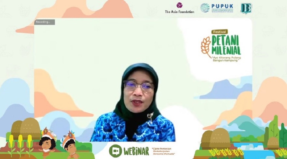 Dirjen Pengembangan Ekonomi dan Investasi Desa Kemendesa, Harlina Sulistyorini saat mengikuti Webinar: Cipta Pertanian Berkelanjutan Bersama Pemuda, Festival Petani Milenial, Kamis (28/10). (Foto: Ist/Serikat News)