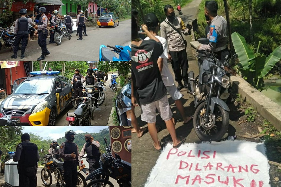 Dokumentasi Warga Wadas saat Polres Porworejo melakukan patroli. Terlihat dalam foto, pihak kepolisian membawa senjata laras panjang dan memakai baju anti perluru. (Foto: IG/Gempadewa)