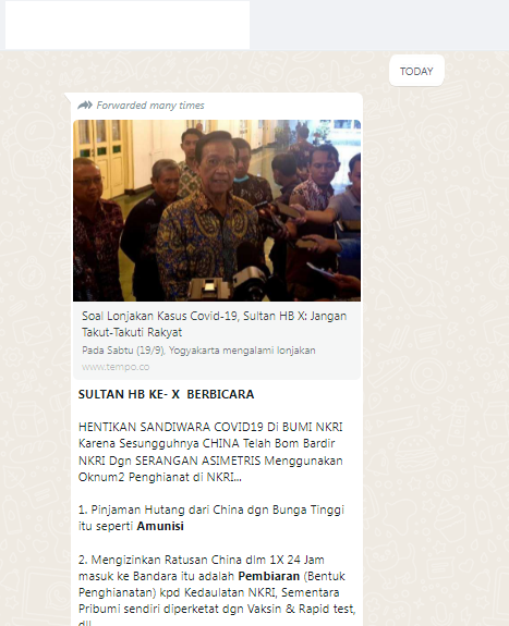 Tangkapan layar informasi yang beredar di WhatsApp