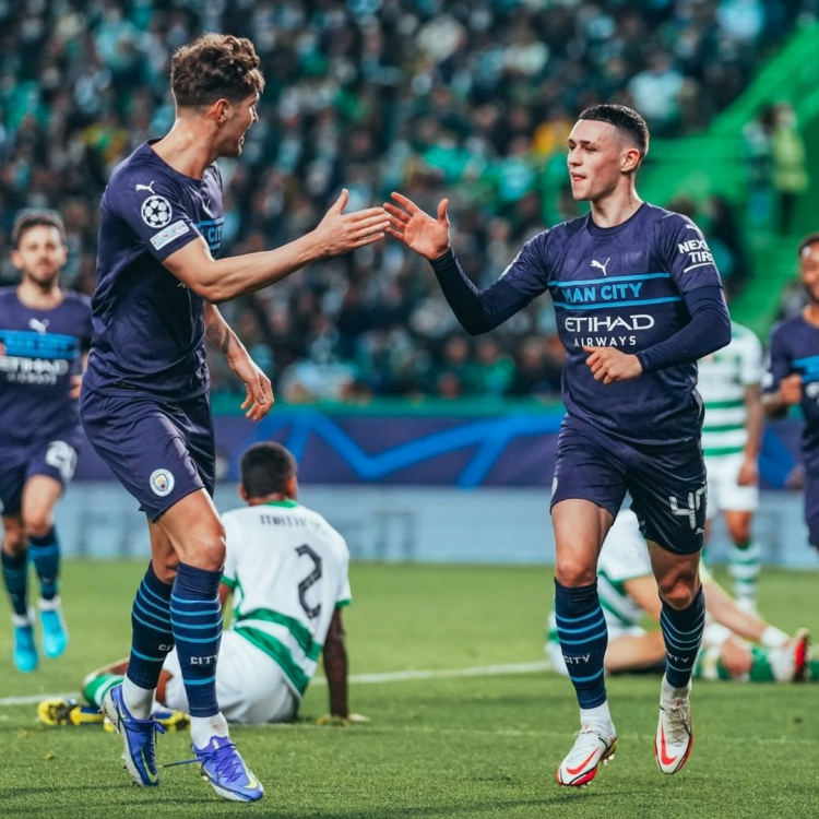 Sejumlah pemain Manchester City merayakan golnya ke gawang Sporting Lisbon. (Foto: IG/Mancity) 