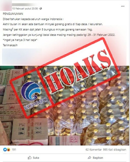 Salah satu postingan (hoaks) yang menyebut ada pembagian minyak goreng gratis pada 29-31 Februari 2022.