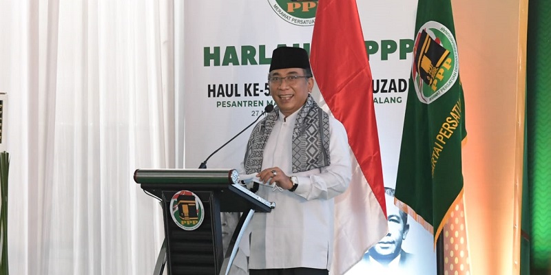 Ketua Umum PBNU, Yahya Cholil Staquf saat pidato di Puncak Harlah ke 49 PPP di Ponpes Al Hikam, Malang. (Foto: Istimewa)