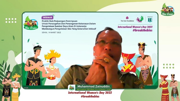 Kepala Bidang Taman Nasional Kerinci Seblat (TNKS) Wilayah III Provinsi Bengkulu dan Sumatera Selatan, Muhammad Zainuddin dalam Webinar Festival Ibu Bumi untuk memperingati IWD 2022, Senin (14/3).