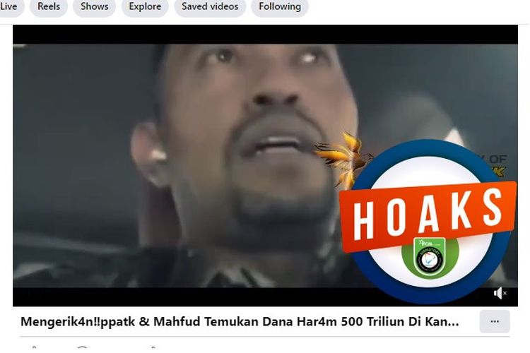 Tangkapan layar sebuah unggahan dalam Facebook dengan narasi menyebut PPATK dan Mahfud MD menemukan dana haram Rp 500 miliar di kantor Jokowi. (Foto: Kompas)