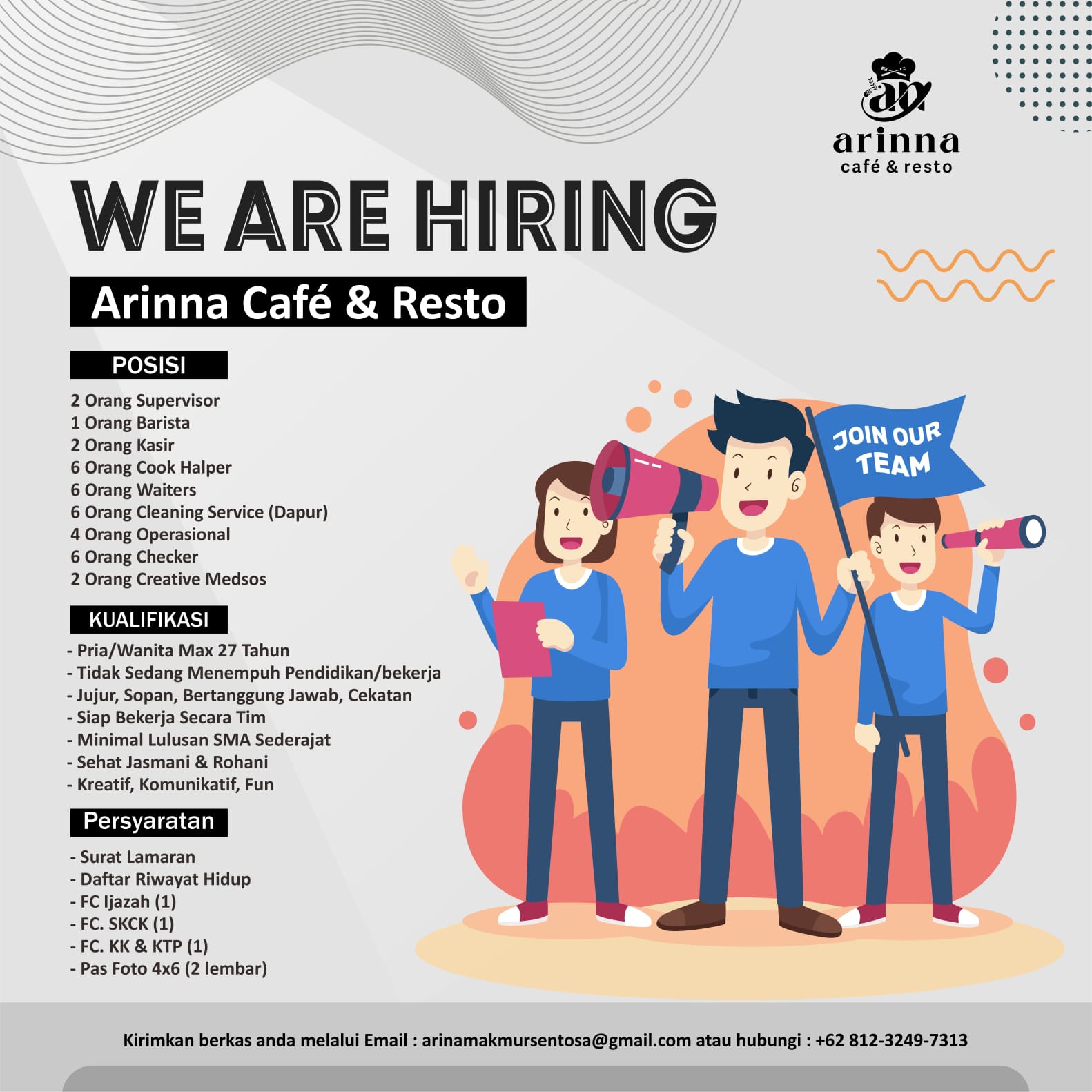 Pamflet lowongan pekerjaan di Arinna Cafe & Resto. (Foto: Istimewa)