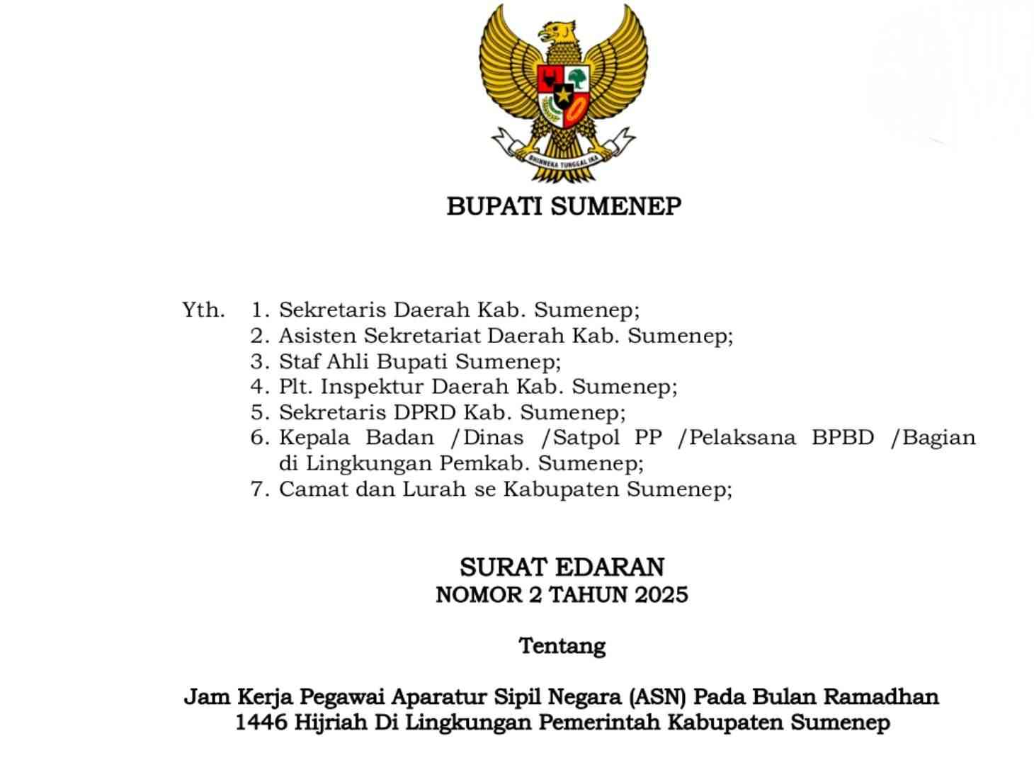Surat Edaran (SE) Nomor 2 Tahun 2025 yang mengatur penyesuaian jam kerja bagi Aparatur Sipil Negara (ASN).