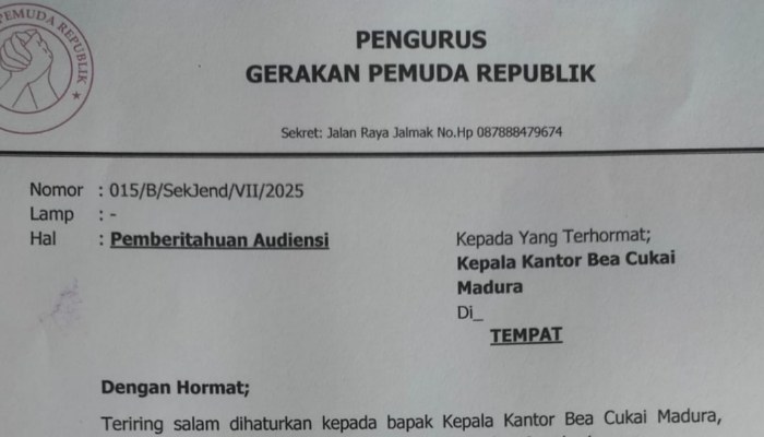 Surat Audiensi Gerakan Pemuda Republik (GPR) Ke Bea Cukai Madura. (Foto: Serikat News)