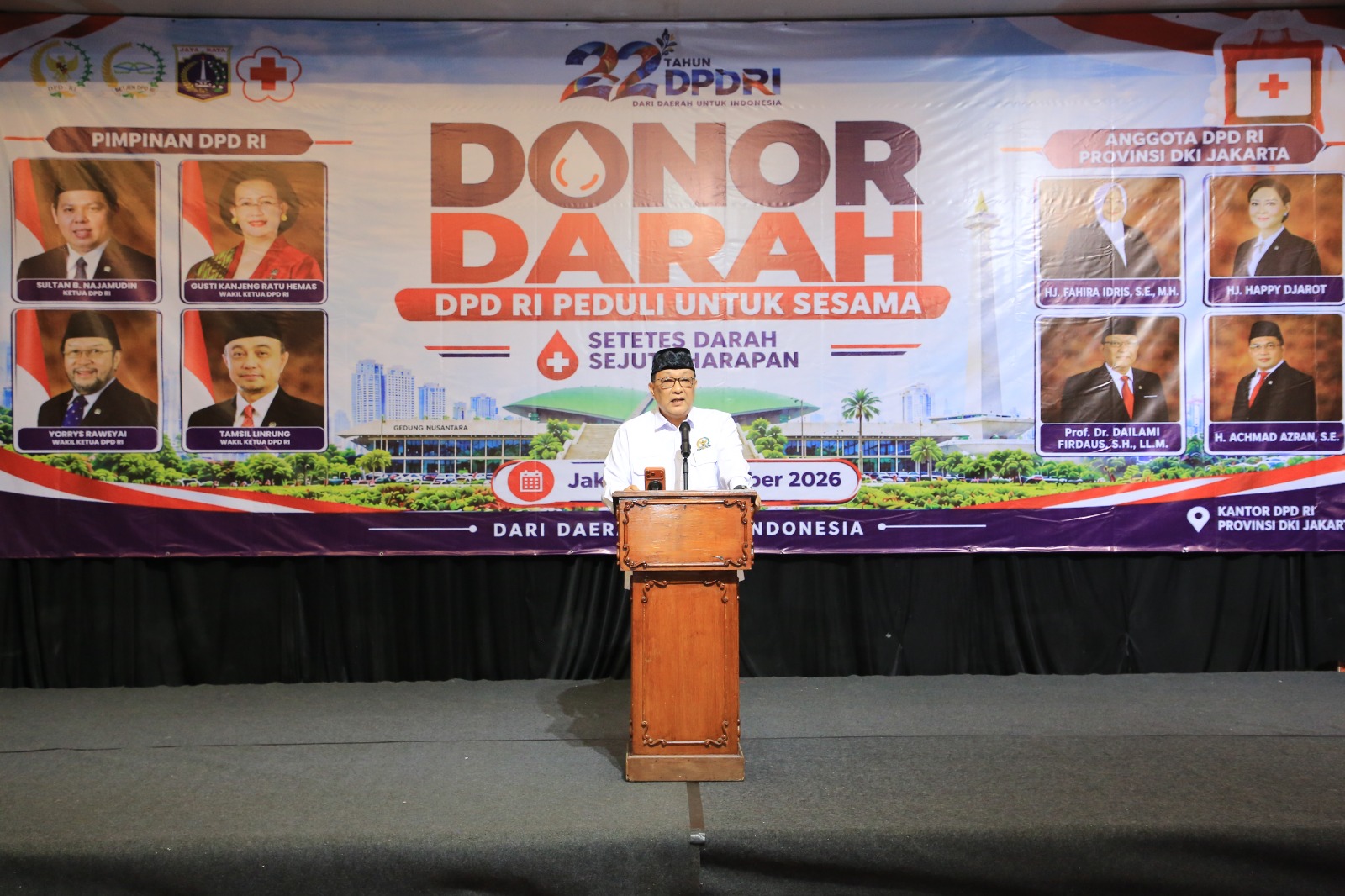 Anggota DPD RI Dapil DKI Jakarta, Prof. Dr. H. Dailami Firdaus, S.H., LL.M. saat berikan sambutan pada pembukaan rangkaian Peringatan HUT 22 Tahun DPD RI di Jakarta pada Selasa (20/10/2026). (Sumber: Istimewa)